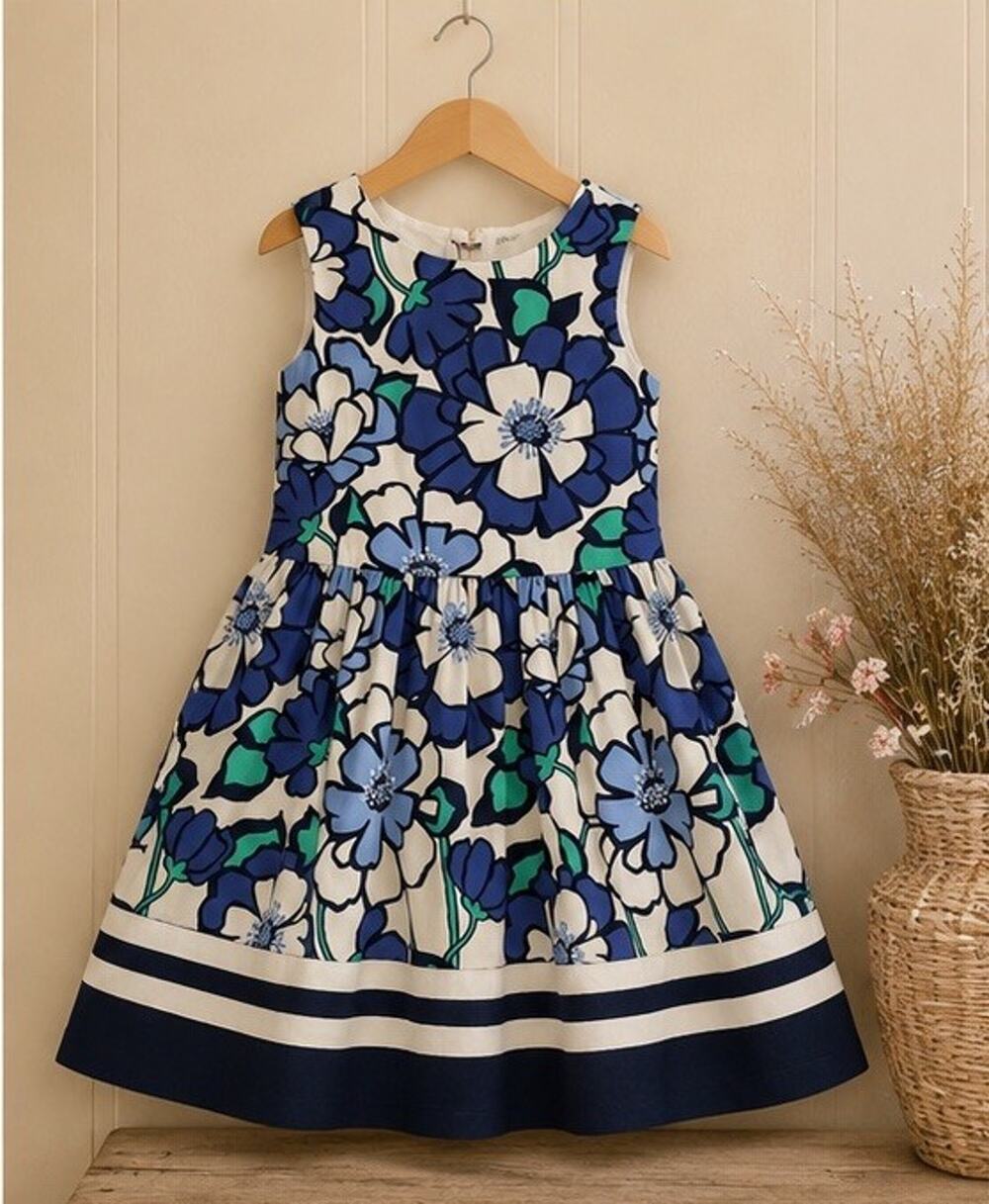 Gymboree Girls 6 VHTF SPRING PREP Blue Floral Lined Dress Navy and Blue trim